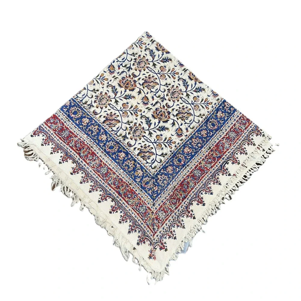 Vintage Isfahan Block-Printed Cotton Tapestry Floral Tablecloth 55